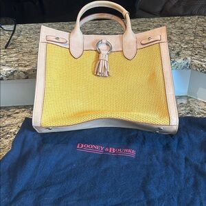 Dooney & Bourke Yellow Woven Tote with Natural Leather Trim and Tassel
